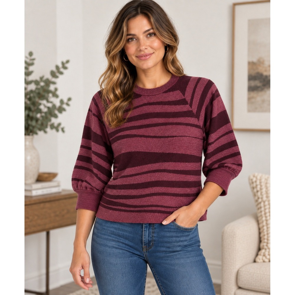 Democracy Womens Burgundy Purple Striped Knit Sweater B6103OXSW Medium NWT